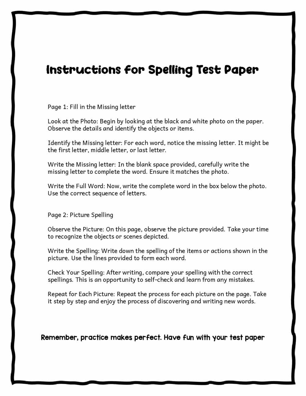Spelling Test Paper for Early Writers Word Families Included